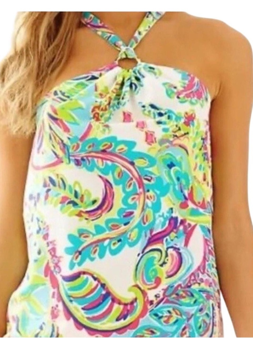 Lilly Pulitzer Neon Paisley Halter Ring Tank Top in Aqua, Pink & Lime